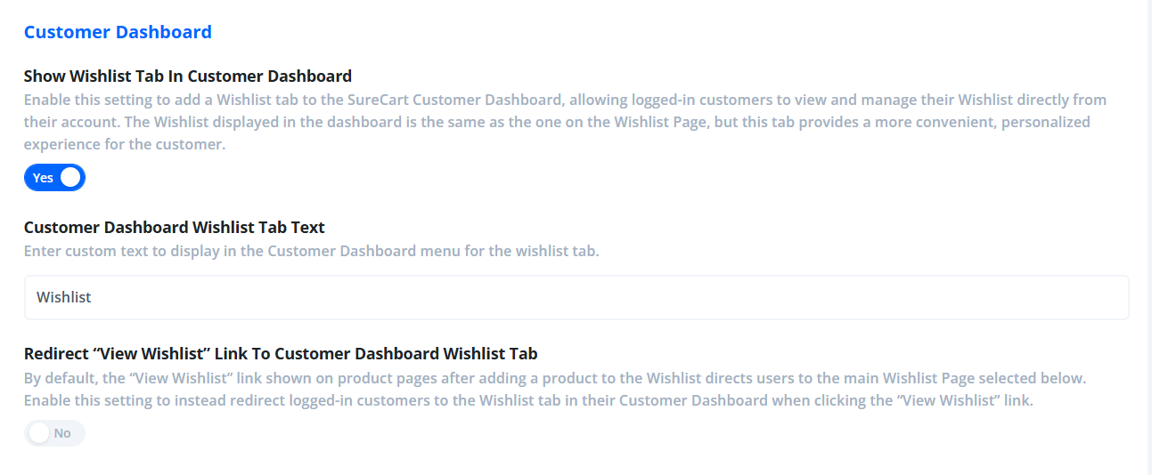 settings for the wishlist tab in the SureCart Customer Dashboard with the Wishlist for SureCart addon by SurelyWP